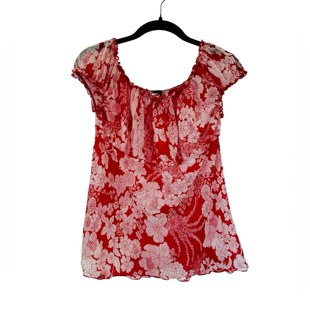 Vintage Y2K Babydoll Top Milkmaid Red Floral Ruffle Bow Fairy Coquette Size L